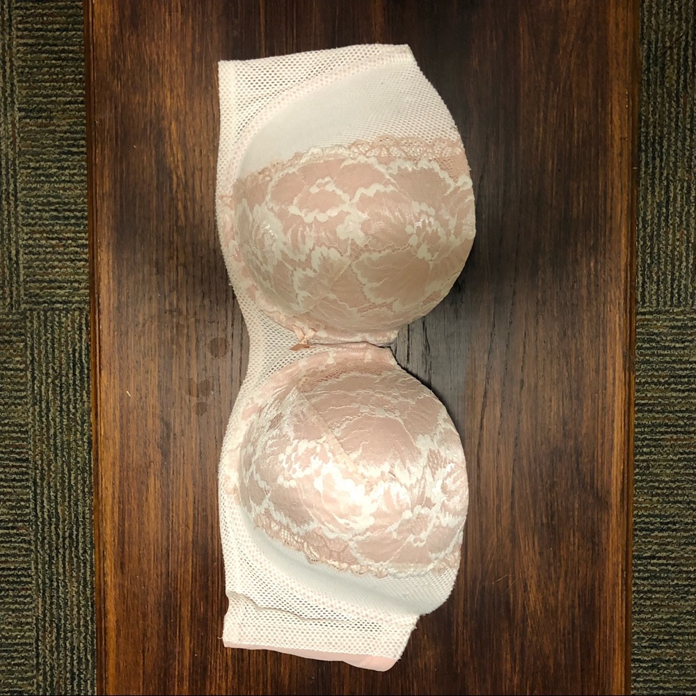 Cacique pink and cream lace strapless bra 44h